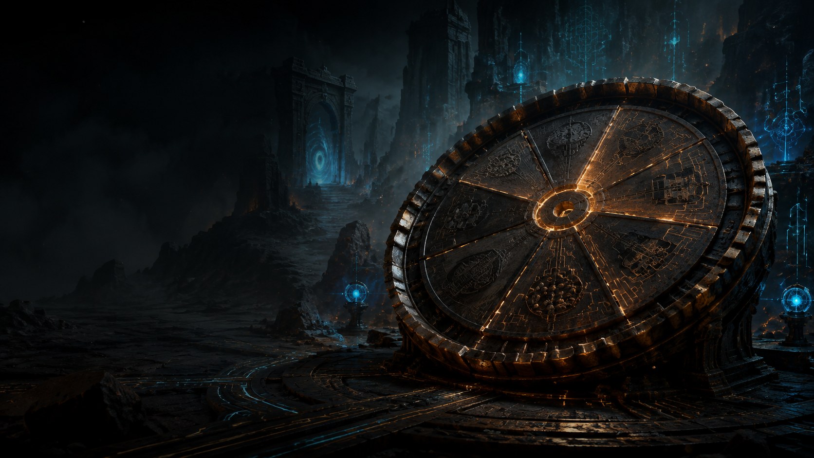 A segmented metal relic glowing with amber and cyan energy in a ruined digital world